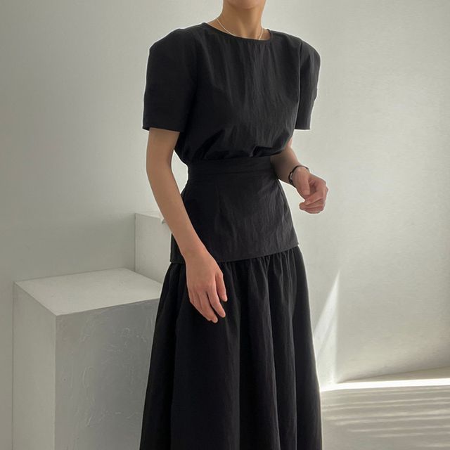 Round Neck Blouse with High-Rise Midi Skirt Matching Set