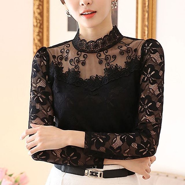 Mock Neck Lace Slim Fit Long Sleeve Top
