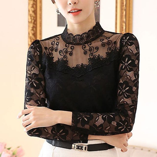 Mock Neck Lace Slim Fit Long Sleeve Top