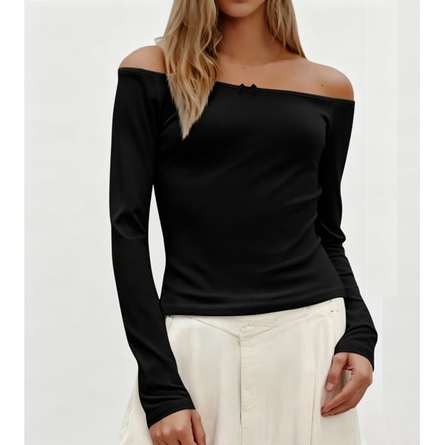Off-Shoulder Lace-Trim Slim Fit Long Sleeve Top