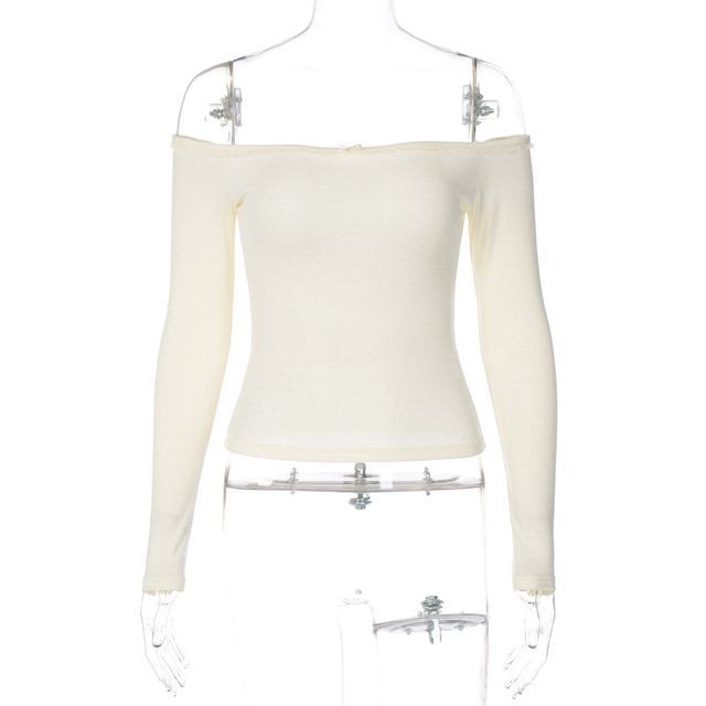 Off-Shoulder Lace-Trim Slim Fit Long Sleeve Top