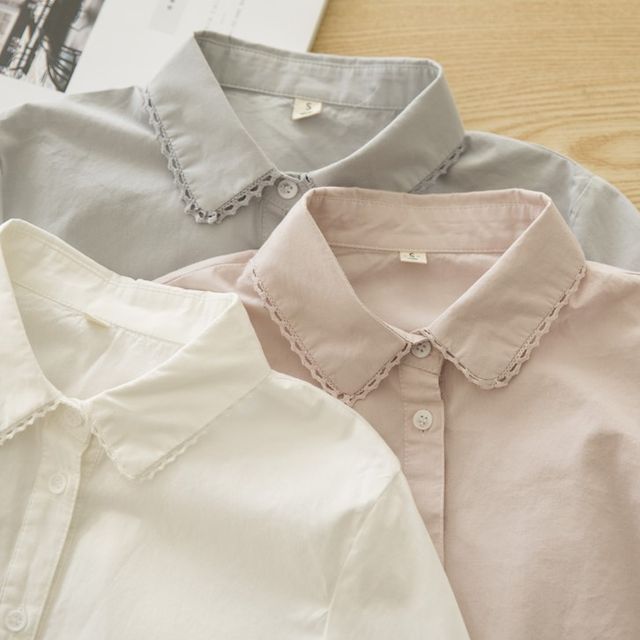 Lace-Trimmed Collared Shirt with Plain Fabric