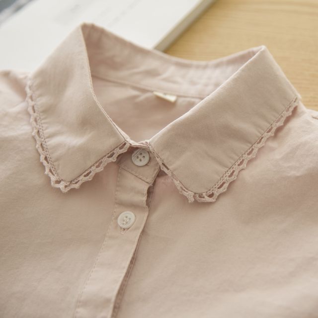 Lace-Trimmed Collared Shirt with Plain Fabric