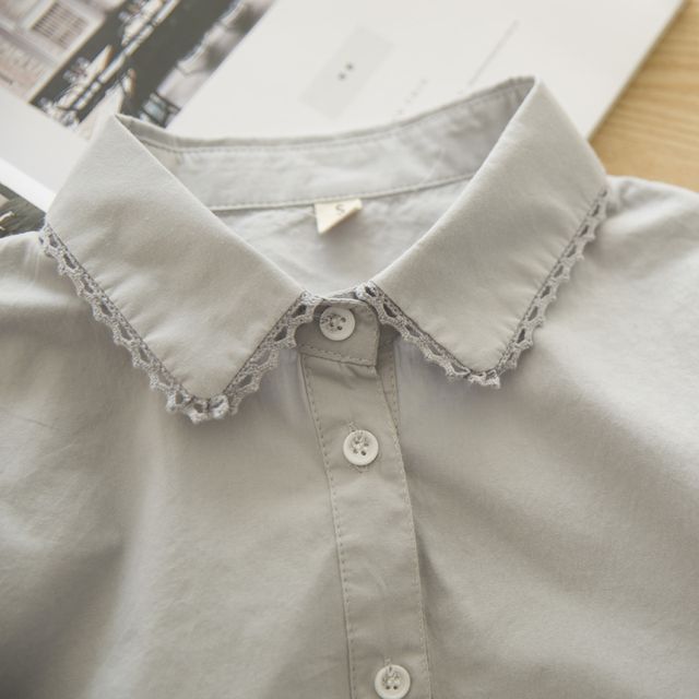 Lace-Trimmed Collared Shirt with Plain Fabric