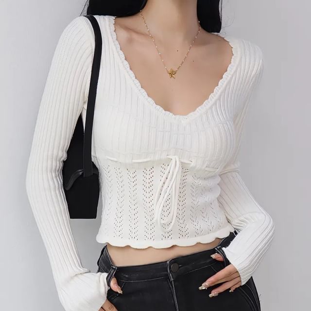 Lace-Up Knit Long Sleeve Top