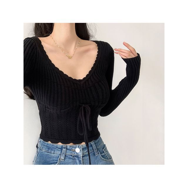 Lace-Up Knit Long Sleeve Top