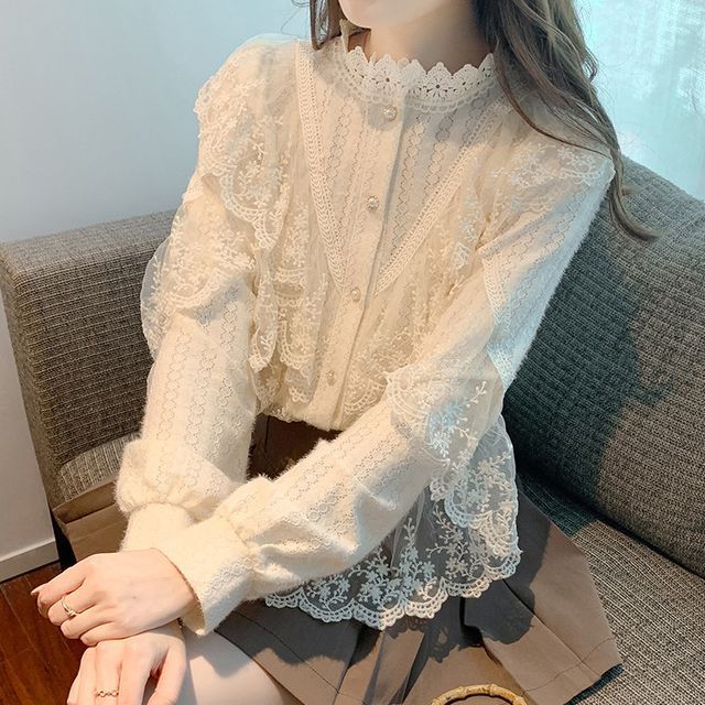 Lace-Trimmed Button-Front Long-Sleeve Blouse