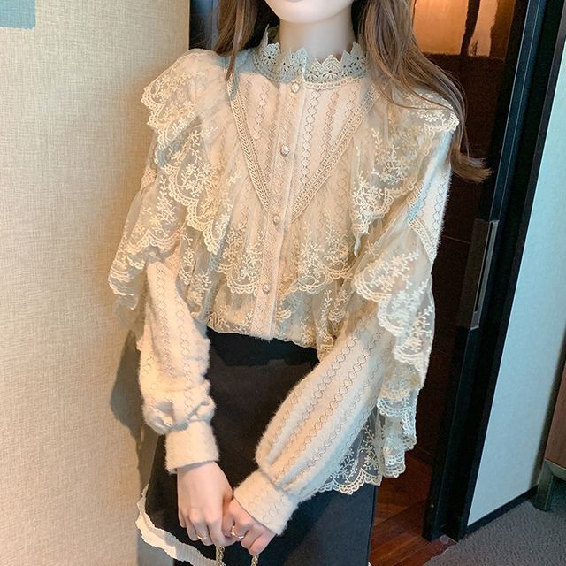 Lace-Trimmed Button-Front Long-Sleeve Blouse