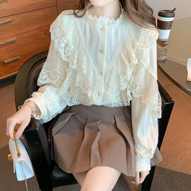 Lace-Trimmed Button-Front Long-Sleeve Blouse