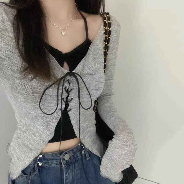 Lace-Up V-Neck Knit Top and Camisole Set