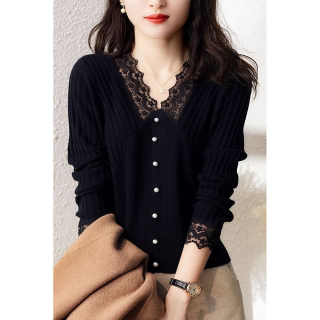 Beaded Long-Sleeve Knit Top with Lace Accents