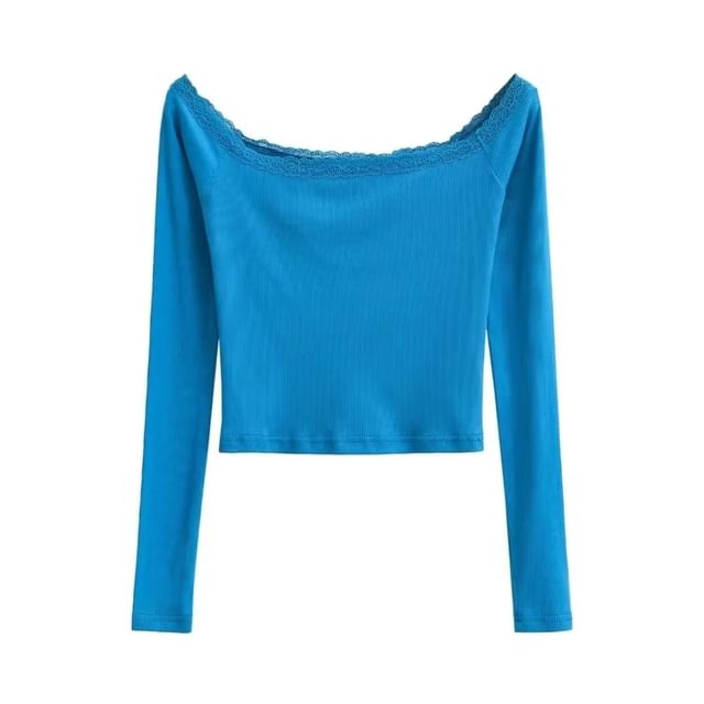 Off-Shoulder Slim-Fit Crop Top with Lace Trim