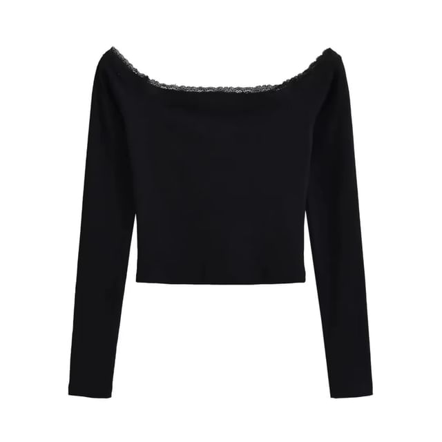 Off-Shoulder Slim-Fit Crop Top with Lace Trim