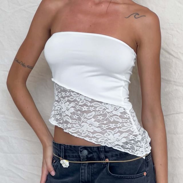 Asymmetrical Lace-Panel Tube Top