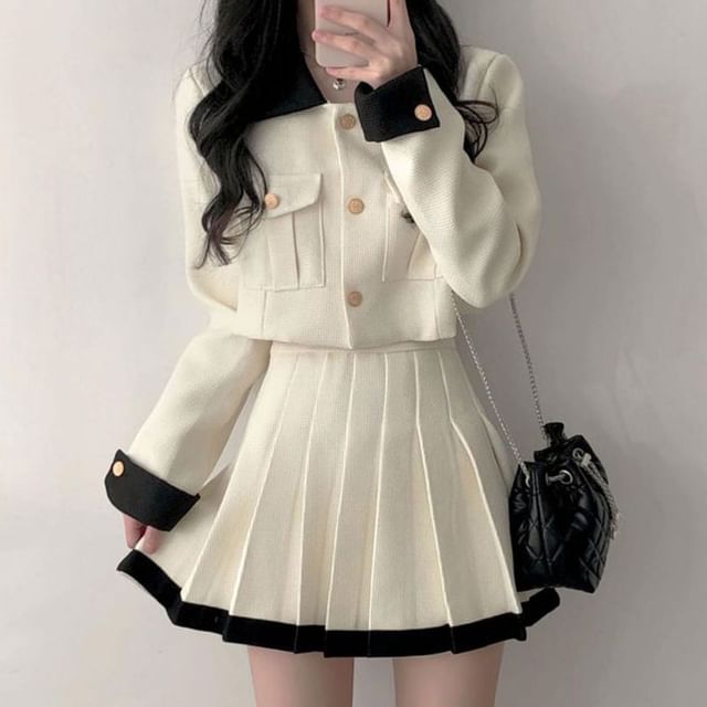 Contrast Collar Crop Jacket and Pleated Mini Skirt Set
