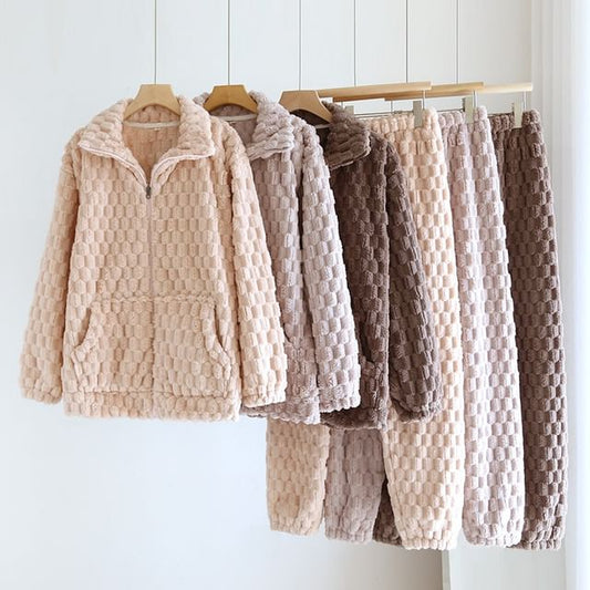 Couple Matching Pajama Set: Long-Sleeve Plain Fleece Top + Pants