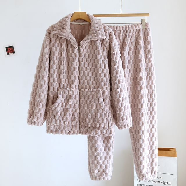 Couple Matching Pajama Set: Long-Sleeve Plain Fleece Top + Pants