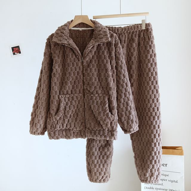 Couple Matching Pajama Set: Long-Sleeve Plain Fleece Top + Pants