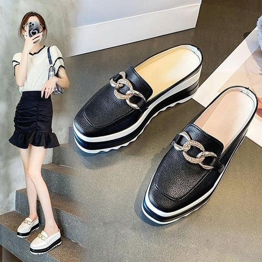 Chain Detail Loafer Platform Mules