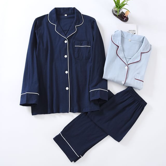 Couple Matching Pajama Set: Long-Sleeve Collar Contrast Trim Button Top + Pants