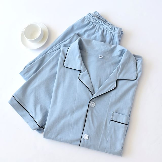 Couple Matching Pajama Set: Long-Sleeve Collar Contrast Trim Button Top + Pants
