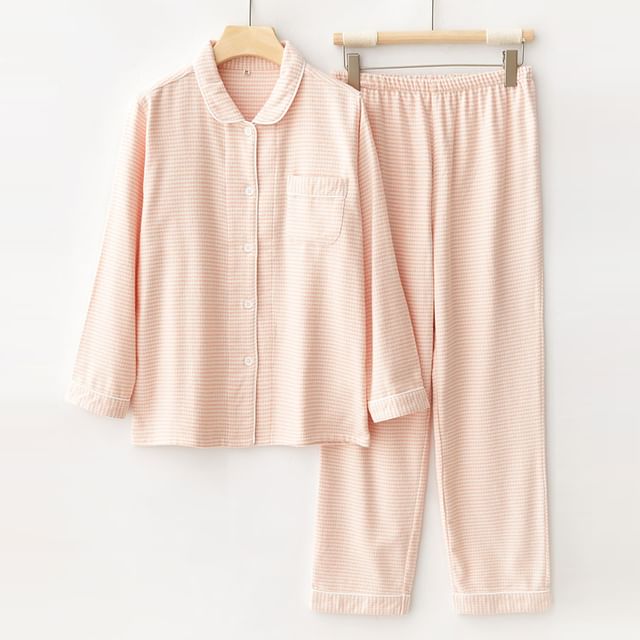 Couple Matching Pajama Set: Long-Sleeve Collared Houndstooth Button-Up Top + Pants (Various Designs)