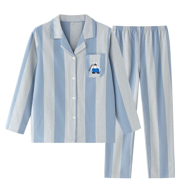 Couple Matching Pajama Set: Long-Sleeve Lapel Collar Striped Embroidered Button-Up Top + Pants (Various Designs)