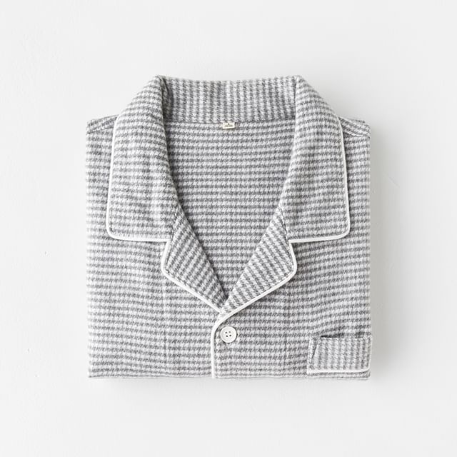 Couple Matching Pajama Set: Long-Sleeve Collared Houndstooth Button-Up Top + Pants (Various Designs)