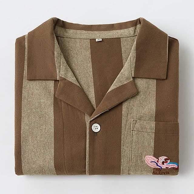 Couple Matching Pajama Set: Long-Sleeve Lapel Collar Striped Embroidered Button-Up Top + Pants (Various Designs)