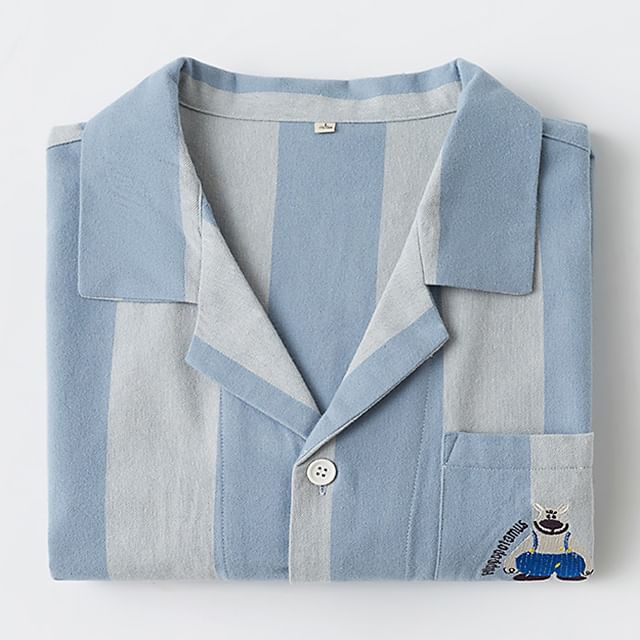 Couple Matching Pajama Set: Long-Sleeve Lapel Collar Striped Embroidered Button-Up Top + Pants (Various Designs)