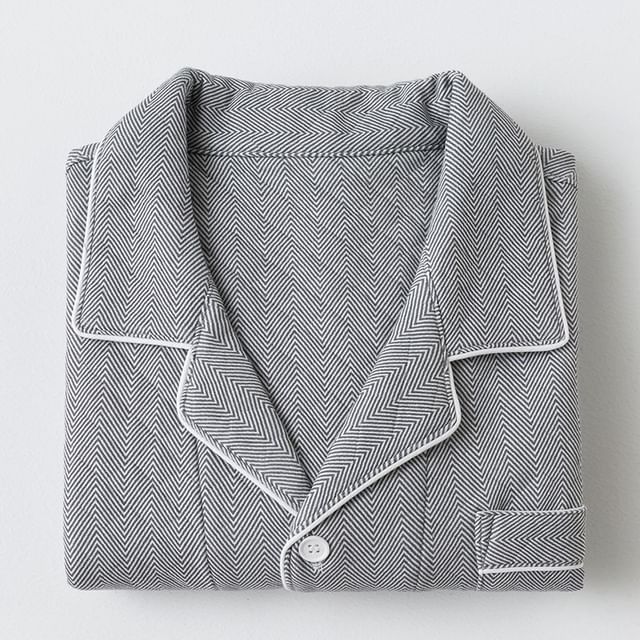 Couple Matching Pajama Set: Long-Sleeve Collared Zig Zag Quilted Button-Up Top + Pants (Various Designs)