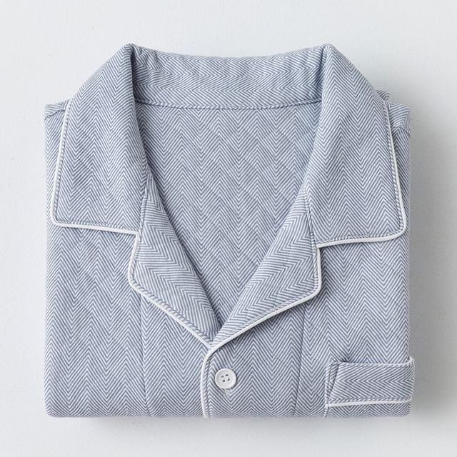 Couple Matching Pajama Set: Long-Sleeve Collared Zig Zag Quilted Button-Up Top + Pants (Various Designs)