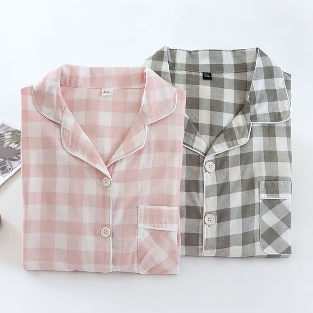 Couple Matching Pajama Set: Long-Sleeve Collared Plaid Shirt + Elastic Waist Straight Leg Pants