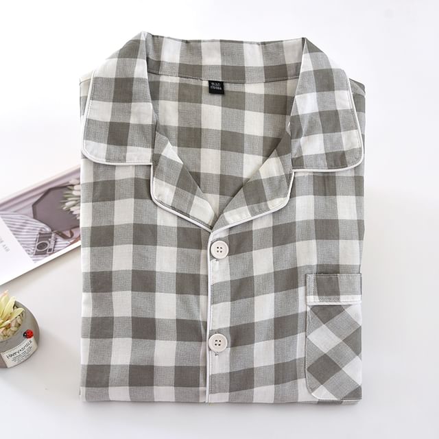 Couple Matching Pajama Set: Long-Sleeve Collared Plaid Shirt + Elastic Waist Straight Leg Pants