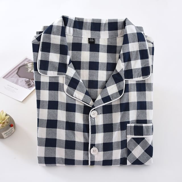 Couple Matching Pajama Set: Long-Sleeve Collared Plaid Shirt + Elastic Waist Straight Leg Pants