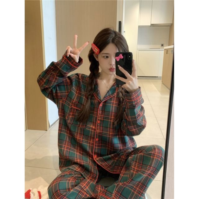 Couple Matching Pajama Set: Long-Sleeve Lapel Collar Plaid Button-Up Top + Pants