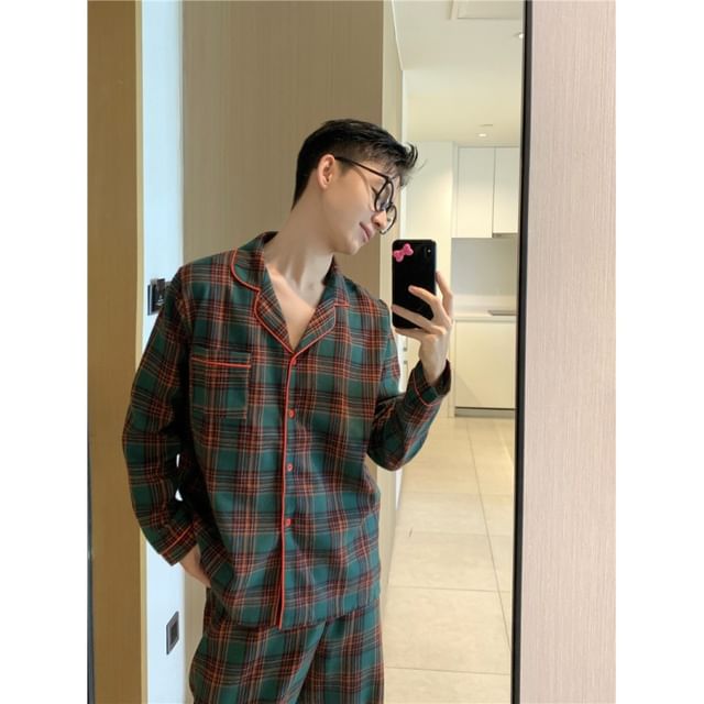Couple Matching Pajama Set: Long-Sleeve Lapel Collar Plaid Button-Up Top + Pants