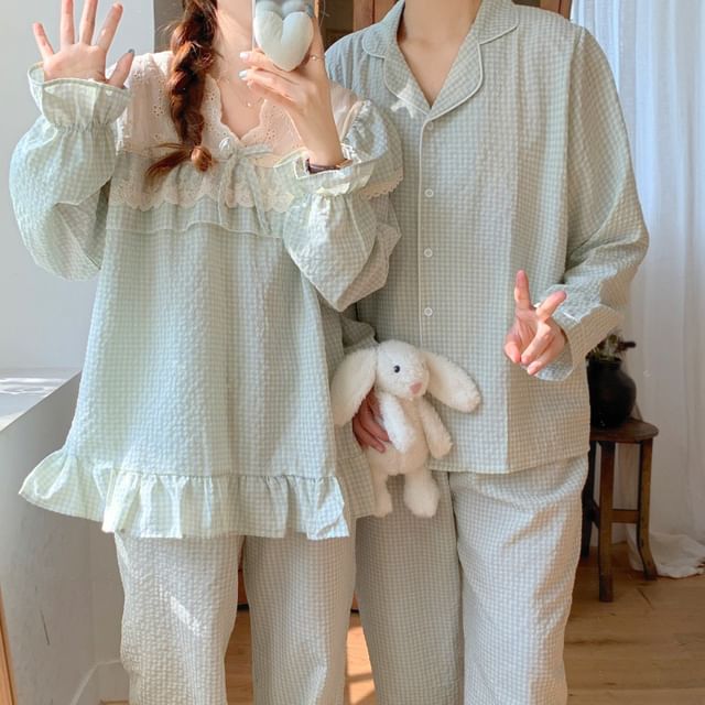 Couple Matching Long-Sleeve V-Neck Gingham Print Lace Trim Midi Pajama Dress / Top / Pants / Set (Various Designs)