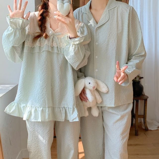Couple Matching Long-Sleeve V-Neck Gingham Print Lace Trim Midi Pajama Dress / Top / Pants / Set (Various Designs)