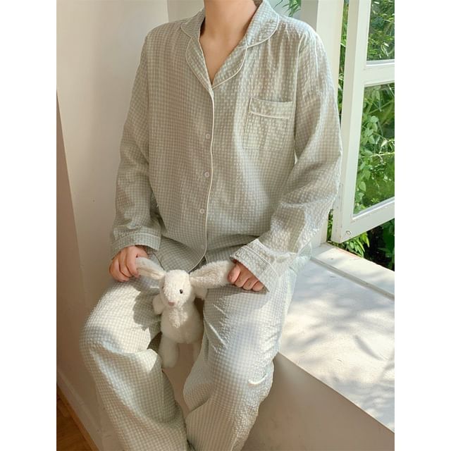 Couple Matching Long-Sleeve V-Neck Gingham Print Lace Trim Midi Pajama Dress / Top / Pants / Set (Various Designs)