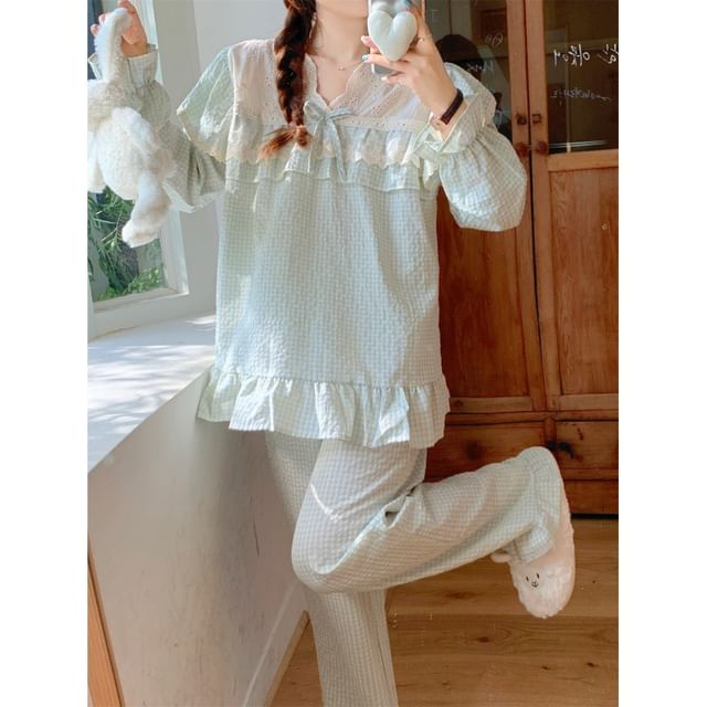 Couple Matching Long-Sleeve V-Neck Gingham Print Lace Trim Midi Pajama Dress / Top / Pants / Set (Various Designs)