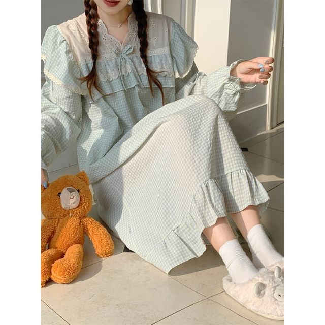 Couple Matching Long-Sleeve V-Neck Gingham Print Lace Trim Midi Pajama Dress / Top / Pants / Set (Various Designs)