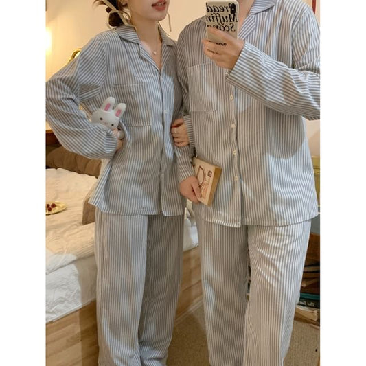 Couple Matching Pajama Set: Long-Sleeve Striped Top + Pants (Various Designs)