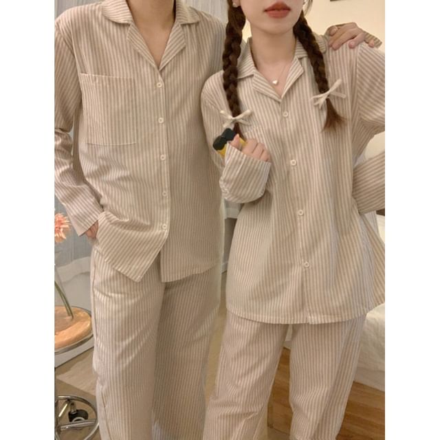 Couple Matching Pajama Set: Long-Sleeve Striped Top + Pants (Various Designs)