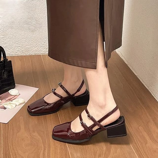 Square Toe Block Heel Buckled Slingback Sandals