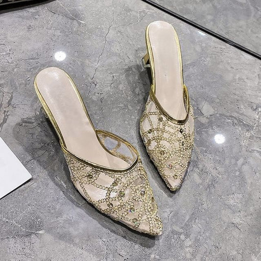 Pointy Sequined High Heel Mules