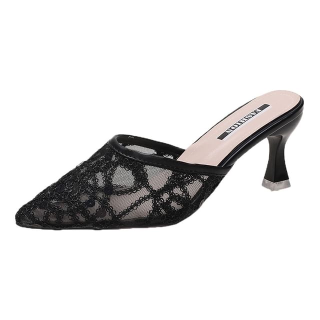 Pointy Sequined High Heel Mules