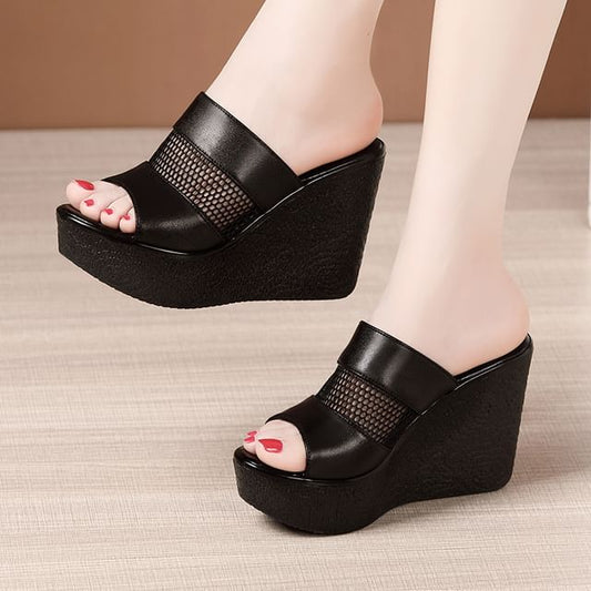 Platform Wedge Mesh Faux Leather Slide Sandals