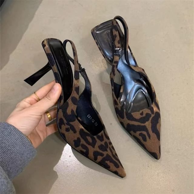Pointed Leopard Print High Heel Slingback Sandals