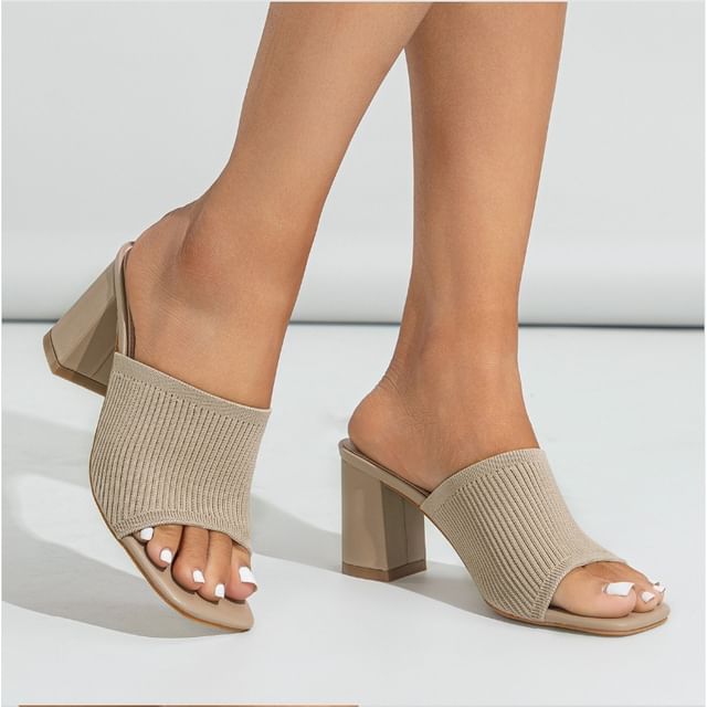 Square Toe Knit Slide Sandals Chunky Heel